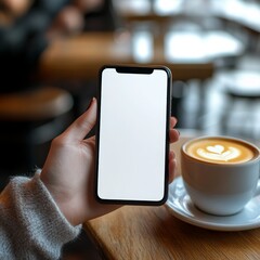 Woman's hand holding smartphone with blank screen in cafe. (2)
