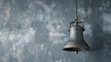 Fototapeta premium Vintage metal school bell hanging against a neutral grey wall background