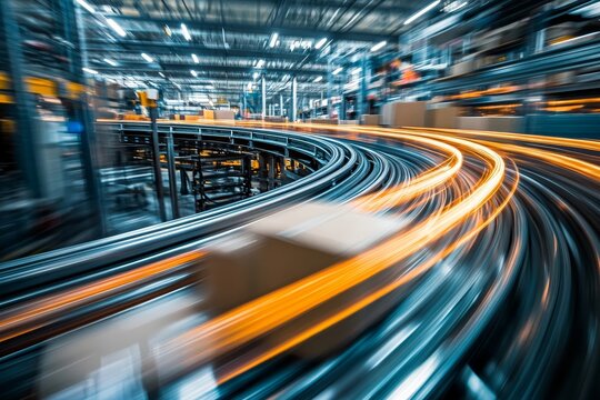 Fast-moving conveyor belt system transporting packages in a warehouse.