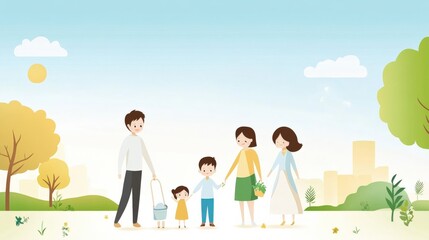 Happy Family Enjoying a Day Outdoors in a Bright, Colorful Landscape with Trees, Clouds, and a Warm Sun, Embracing Togetherness and Joy in a Vibrant Environment