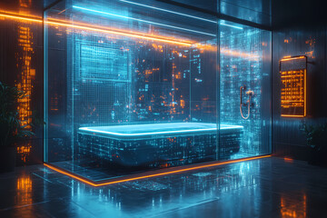 Obraz premium A glowing bathtub with digital water streams creating a relaxing atmosphere, symbolizing comfort and technology