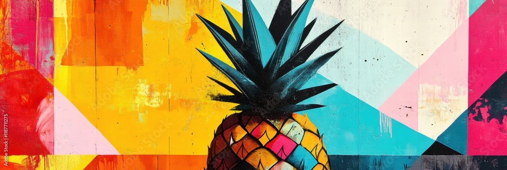 Poster vivid abstract geometric pineapple design with bright colors and intricate patterns in a modern art 