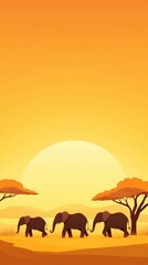 Fototapeta premium Silhouetted Elephants Against a Golden Sunset Sky with Lush Trees in the Background, Capturing the Essence of African Wildlife and Tranquil Nature Scenes