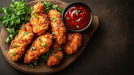 Breaded chicken strips or nuggets with two kinds of sauces and fried potatoes on a wooden Board. Fast food on dark brown background. with copy space