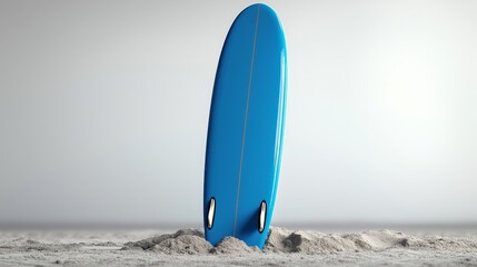 Blue surfboard standing upright on sandy beach with grey sky background