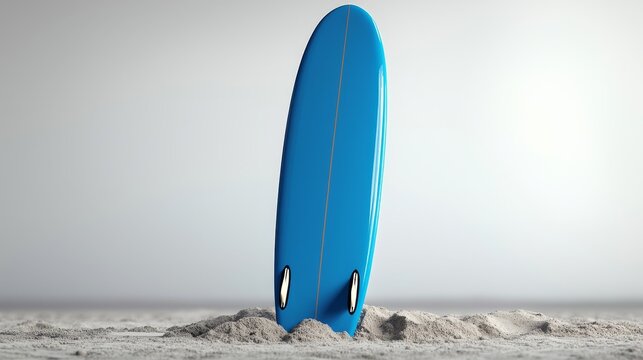 Blue surfboard standing upright on sandy beach with grey sky background - Powered by Adobe