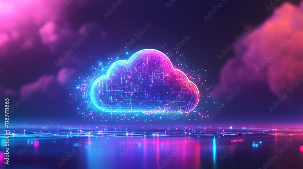 Poster a futuristic visualization of infrastructure as a service (iaas) with dynamic cloud computing techno