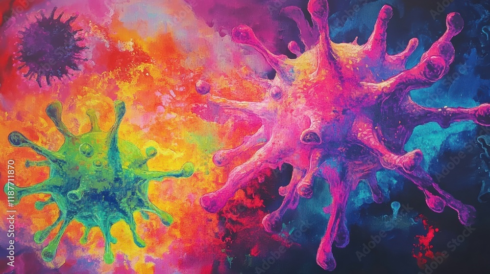 Poster Colorful visualization of a virus transforming and mutating in a vibrant abstract background. Generative AI