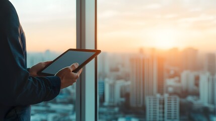 A business professional enjoys a breathtaking city skyline view while engaging with a tablet device. In-dept Analysis and Valuable Insights from Industry Experts