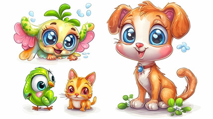 Fototapeta premium Adorable cartoon pets; dog, bird, cat; playful design; white background; children's book illustration