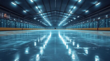 Obraz premium Indoor ice rink with bright blue lighting.