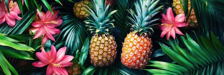 Fototapeta premium Pineapples nestled among vibrant palm trees and lush tropical foliage in a colorful natural backdrop. Generative AI