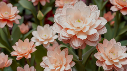 Layered papier-m&acirc;ch&eacute; sculpture of flowers in a garden, soft pastel colors, gentle and soothing, emphasizing sculpted textured layers and a three-dimensional form
