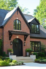 A stunning brick home adorned with expansive windows, surrounded by vibrant greenery, nestled in a peaceful suburban neighborhood on a bright.