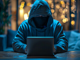 darkened hacker person hidden behind a dark hood and sitting at a laptop
