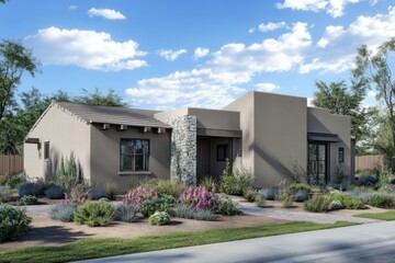 This contemporary desert residence boasts a beautiful stone facade, harmoniously blending with its natural landscaping amid a sunny environment