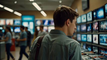 Young Man Browsing Televisions in a Retail Store