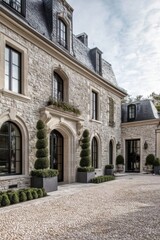Fototapeta premium Elegant stone mansion with manicured gardens and a gravel driveway in a serene countryside setting, showcasing classic architectural design and lush greenery