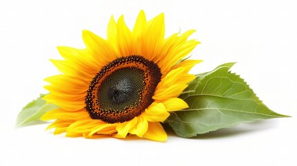 Fototapeta premium Bright Yellow Sunflower with Dark Center and Green Leaves Isolated