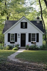 Charming white cottage surrounded by lush greenery, featuring black shutters and a welcoming front pathway on a sunny afternoon