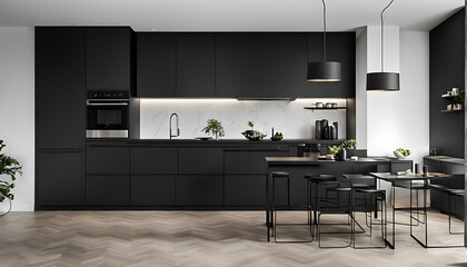 minimalist black kitchen with stainless steel appliances