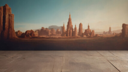 Obraz premium Desert landscape backdrop for product displays. Rustic wooden surface perfect for showcasing items against a blurred, scenic background.