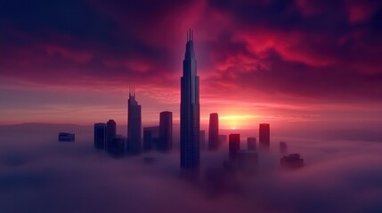 Obraz premium Skyscrapers at Dusk Rising Above the Clouds in a Vibrant Sunset