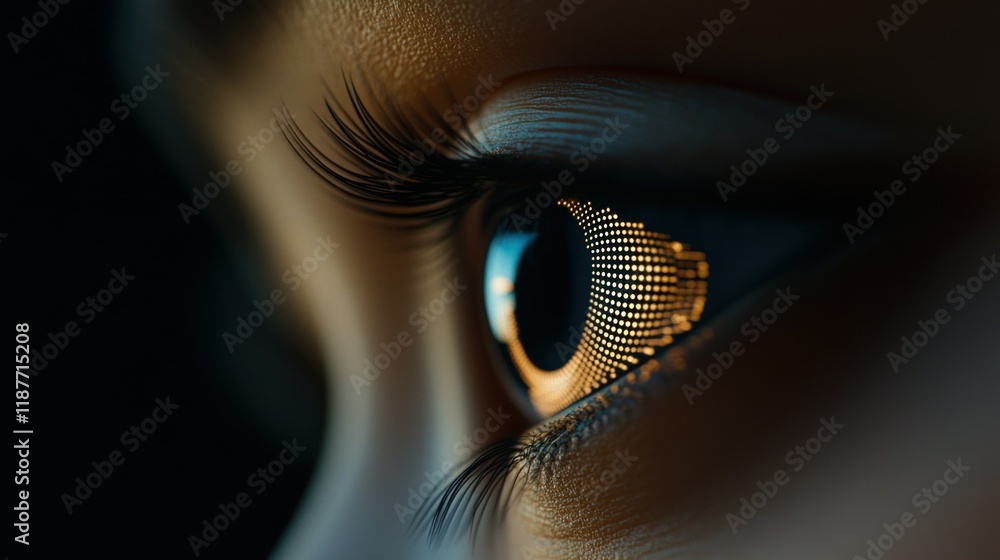 Poster eye reflecting digital patterns in dark setting for tech and art concepts