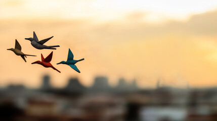 Colorful Birds in Flight Over a Cityscape at Sunset