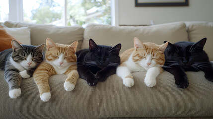Five cats napping together on a couch in a living room, sunny window in background, perfect for pet adoption campaign