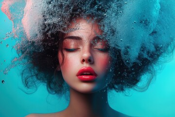 Young caucasian female with voluminous hair underwater with bubbles