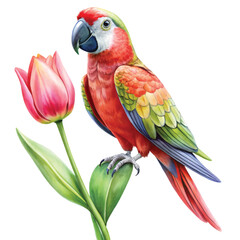 Obraz premium Cute Parrot standing on a tulip Clipart Watercolor