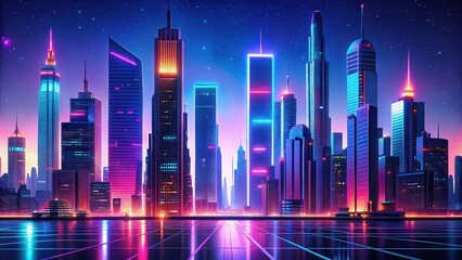 Obraz premium Neon-lit cityscape at dusk with futuristic skyscrapers and a retro-style synthwave soundtrack, electronic music, retro futurism