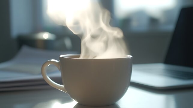 Steaming cup of dark drink sits on a desk near a laptop.