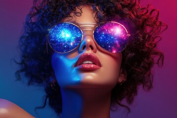 Obraz premium Cosmic reflections: african female with sunglasses and curly hair in neon light