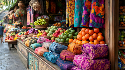 Fototapeta premium Photo: Vibrant Market Stall Display of Colorful Textiles and Fresh Produce