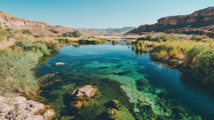 Fototapeta premium Tranquil Oasis with Clear Water and Lush Greenery in Desert Landscape