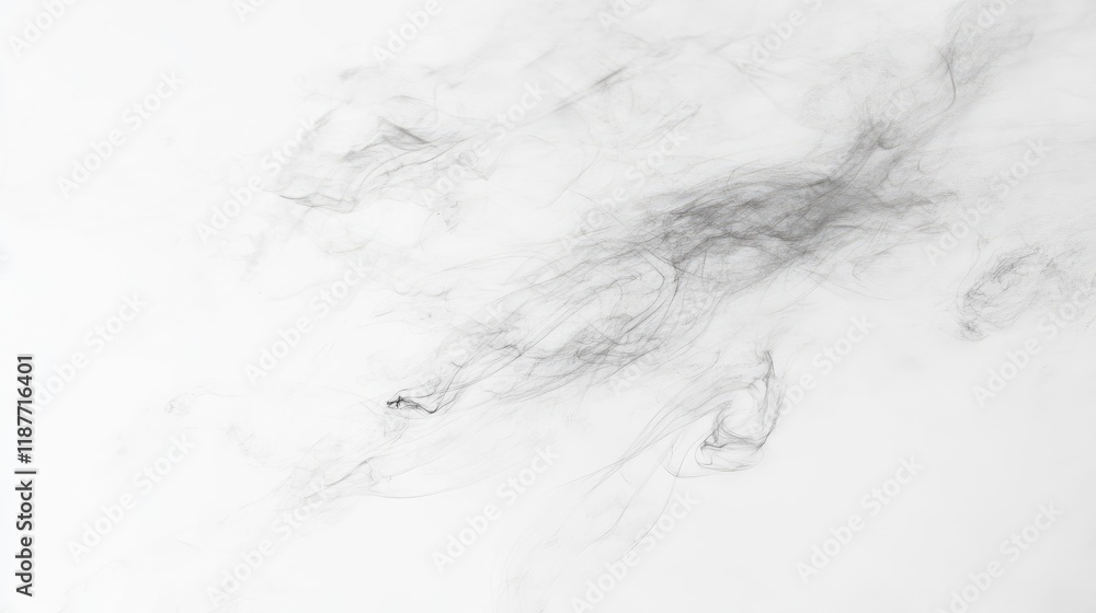 Poster abstract grayscale image of smoke wisps on white background, creating flowing, ethereal patterns.