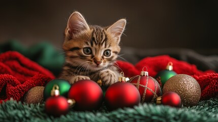 Adorable tabby kitten playing with colorful christmas ornaments on holiday blanket