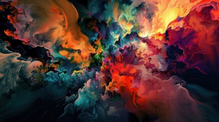 a captivating panorama of vibrant colors and surrealistic motifs, with white space in the center of the page for text, bold and dynamic hues against a darkened backdrop