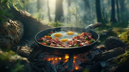 Forest Camping Breakfast: Cooking Eggs and Bacon Over a Campfire