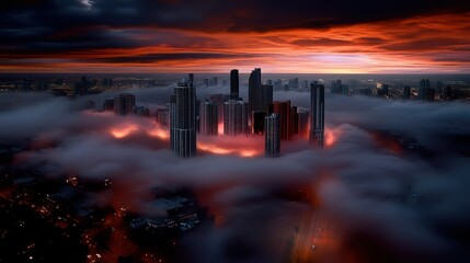 Dramatic Cityscape at Sunset with Fog Enveloping Skyscrapers