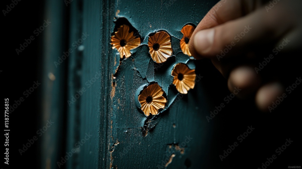 Poster hand placing decorative elements on weathered surface in artistic setting