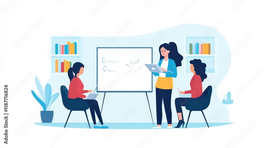 Poster professional team collaboration in a modern office setting with presentation and engaged participant