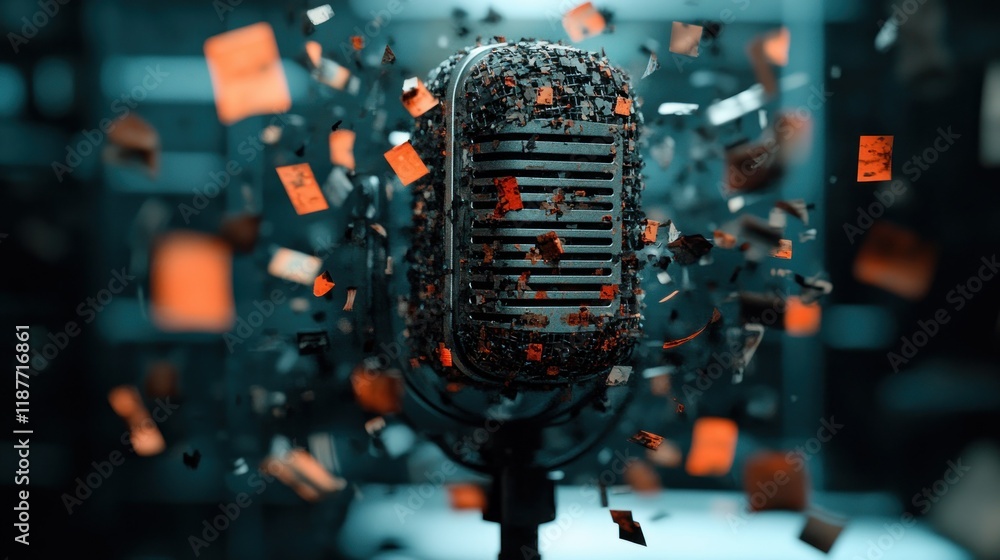 Poster vintage microphone exploding with dynamic energy in a studio setting