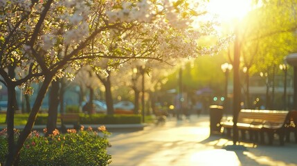 Fototapeta premium Serene Spring Park with Blooming Flowers and Glowing Sunlight