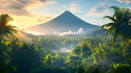 Tropical Landscape Illustration - Volcano, Jungle, Sunrise, Palm Trees, Mist
