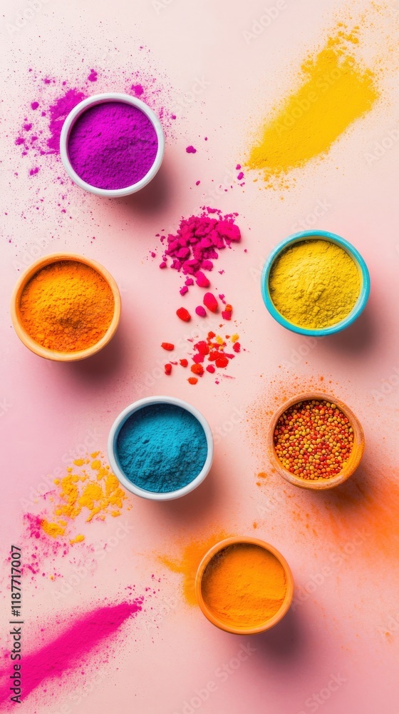 Aufkleber vibrant array of colorful powders in round bowls on soft pink background for creative art and design