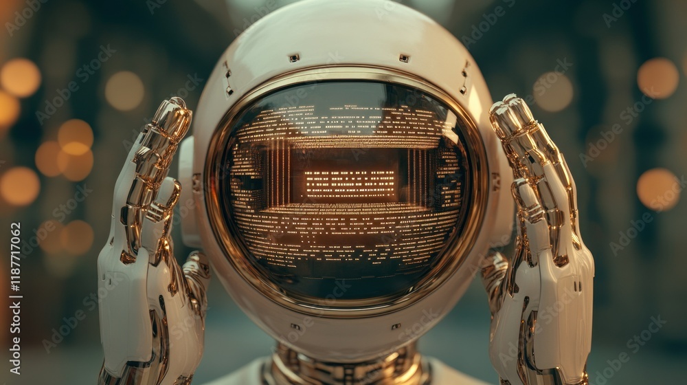 Poster futuristic robot analyzing digital interface in a high-tech setting