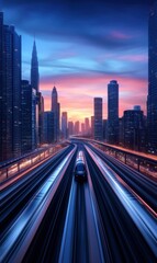 Fototapeta premium Futuristic Cityscape with Train at Sunset, Skyscrapers, and Vibrant Colorful Sky in Urban Environment